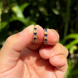 18K Gold Plated Stainless Steel Sapphire blue and White Diamond Hoop Earrings